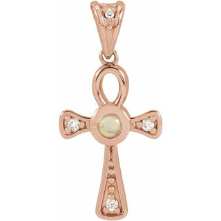 14K Rose Natural White Opal & .04 CTW Natural Diamond Ankh Cross Pendant