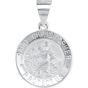 14K White 15 MM Hollow Round St. Christopher Medal