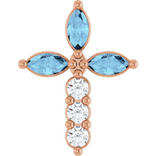 14K Rose Natural Aquamarine & 1/10 CTW Natural Diamond Cross Pendant