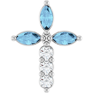 14K White Natural Aquamarine & 1/10 CTW Natural Diamond Cross Pendant