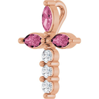 14K Rose Natural Pink Tourmaline & 1/10 CTW Natural Diamond Cross Pendant