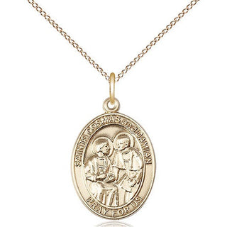 14kt Gold Saints Cosmas & Damian Medal Engraved Catholic Saint Jewelry