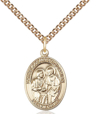 14kt Gold Saints Cosmas & Damian Medal Engraved Catholic Saint Jewelry