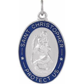 Sterling Silver 26x20 mm Blue Enamel Saint Christopher Medal