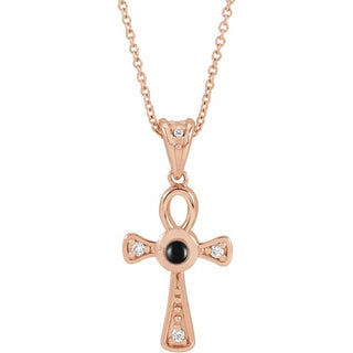 14K Rose Natural Onyx & .04 CTW Natural Diamond Ankh Cross 16-18' Necklace