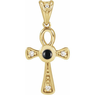 14K Yellow Natural Onyx & .04 CTW Natural Diamond Ankh Cross Pendant