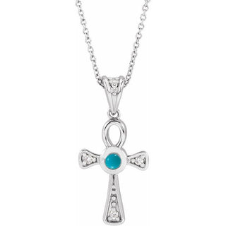 14K White Natural Turquoise & .04 CTW Natural Diamond Ankh Cross 16-18' Necklace