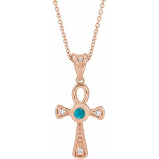 14K Rose Natural Turquoise & .04 CTW Natural Diamond Ankh Cross 16-18' Necklace