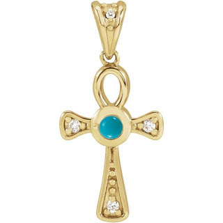 14K Yellow Natural Turquoise & .04 CTW Natural Diamond Ankh Cross Pendant