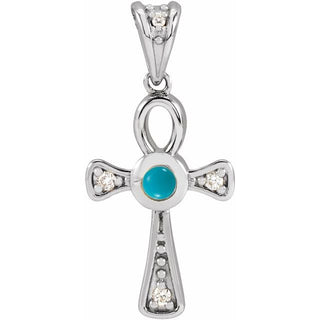 14K White Natural Turquoise & .04 CTW Natural Diamond Ankh Cross Pendant