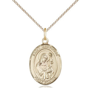 14kt Gold Saint Gertrude of Nivelles Medal Engraved Catholic Saint Jewelry