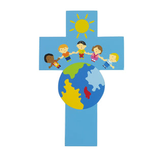 4-pack - 8 inch Wood Cross - Children of the World - Blue