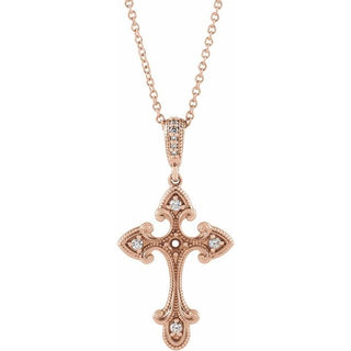 14K Rose .06 CTW Natural Diamond Semi-Set Vintage-Inspired Cross 16-18" Necklace