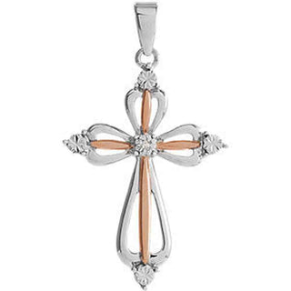 Sterling Silver 32x17 MM Diamond Cross Pendant with Rose Gold Plating