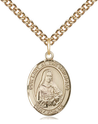 14kt Gold Our Lady of the Railroad Medal Engraved Catholic Saint Jewelry