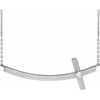 14K White .06 CT Natural Diamond Sideways Cross 18" Necklace