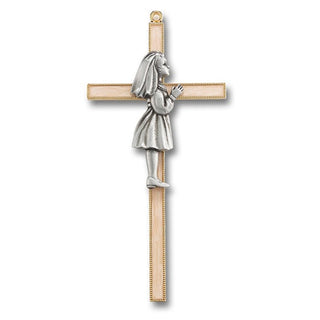 Standing Communion Girl On A White And Gold Cross