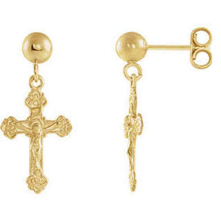 14K Gold 13x9 MM Crucifix Ball Dangle Earrings