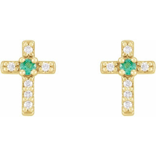 14K Yellow Lab-Grown Emerald & .03 CTW Natural Diamond Cross Earrings