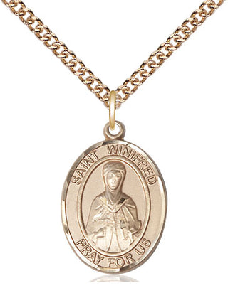 14kt Gold Saint Winifred of Wales Medal Engraved Catholic Saint Jewelry