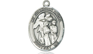 Sterling Silver Guardian Angel w/Children Medal Engraved Catholic Saint Jewelry