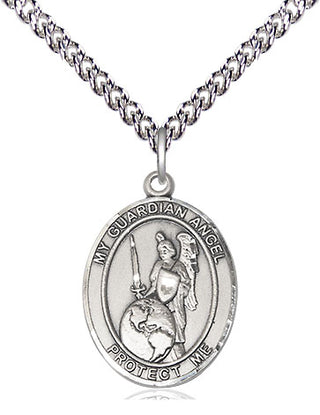 Sterling Silver Guardian Angel of the World Medal Religious Jewelry Engraved Catholic Saint Jewelry