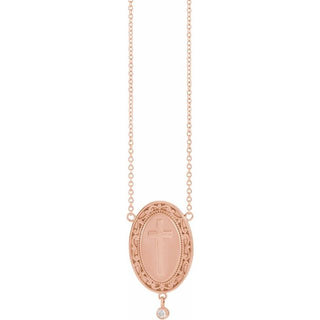14K Rose .015 CT Natural Diamond Rosary Cross 18" Necklace