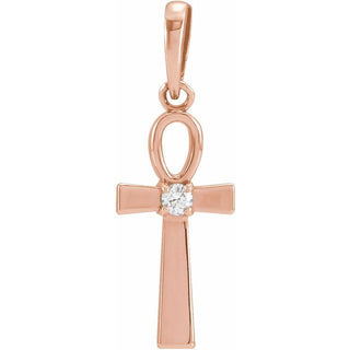 14K Rose .03 CT Natural Diamond Ankh Cross Pendant