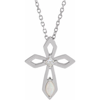Sterling Silver Natural White Opal & .05 CT Natural Diamond Cross 16-18" Necklace