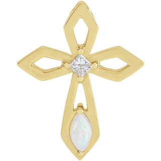 14K Yellow Natural White Opal & .05 CT Natural Diamond Cross Pendant