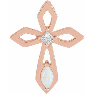14K Rose Natural White Opal & .05 CT Natural Diamond Cross Pendant