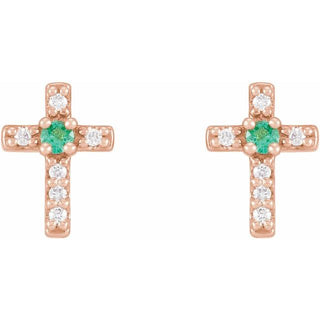 14K Rose Lab-Grown Emerald & .03 CTW Natural Diamond Cross Earrings