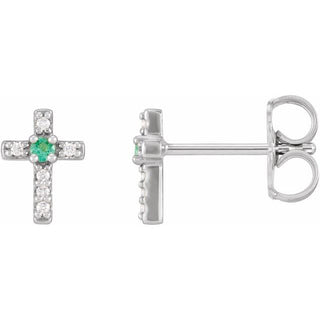 14K White Natural Emerald & .03 CTW Natural Diamond Cross Earrings
