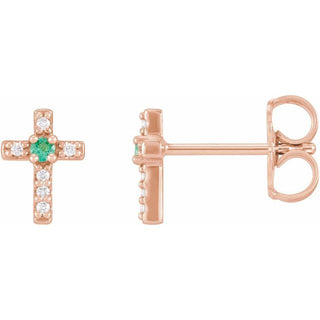14K Rose Natural Emerald & .03 CTW Natural Diamond Cross Earrings