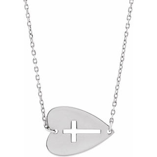 Platinum Sideways Heart with Pierced Cross 18" Necklace