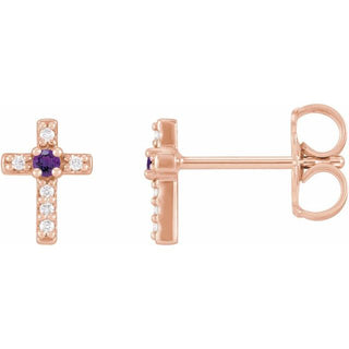 14K Rose Natural Amethyst & .03 CTW Natural Diamond Cross Earrings