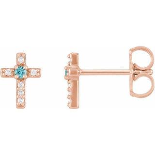 14K Rose Natural Blue Zircon & .03 CTW Natural Diamond Cross Earrings