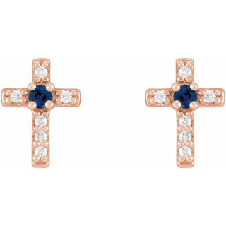 14K Rose Natural Blue Sapphire & .03 CTW Natural Diamond Cross Earrings