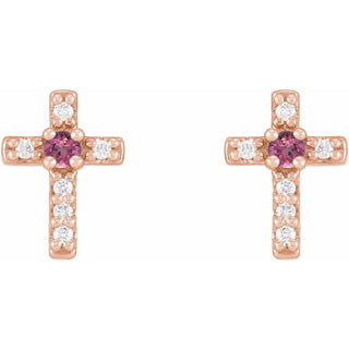 14K Rose Natural Pink Tourmaline & .03 CTW Natural Diamond Cross Earrings