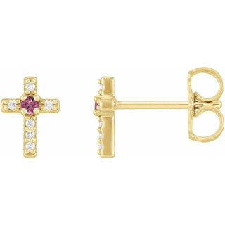 14K Yellow Natural Pink Tourmaline & .03 CTW Natural Diamond Cross Earrings