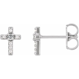 14K White Natural White Sapphire & .03 CTW Natural Diamond Cross Earrings