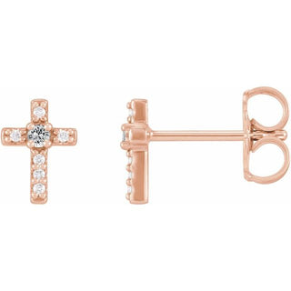 14K Rose Natural White Sapphire & .03 CTW Natural Diamond Cross Earrings