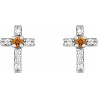 14K White Natural Citrine & .03 CTW Natural Diamond Cross Earrings