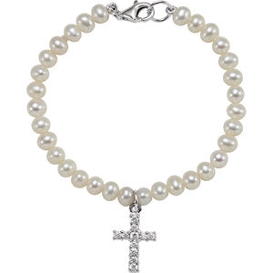 Sterling Silver Freshwater Pearl & Cubic Zirconia Cross 5.5" Bracelet