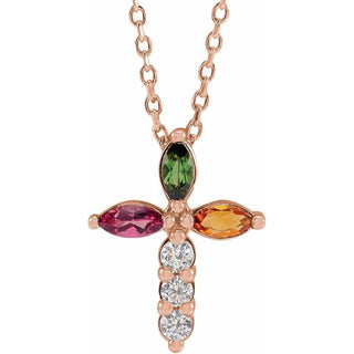14K Rose Natural Multi-Gemstone & 1/10 CTW Natural Diamond Cross 16-18" Necklace