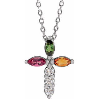 14K White Natural Multi-Gemstone & 1/10 CTW Natural Diamond Cross 16-18" Necklace