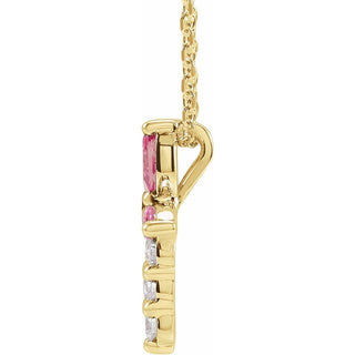 14K Yellow Natural Pink Tourmaline & 1/10 CTW Natural Diamond Cross 16-18" Necklace