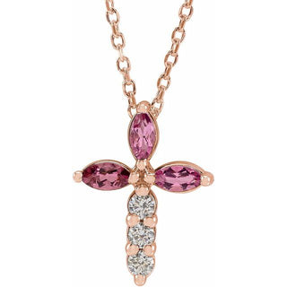 14K Rose Natural Pink Tourmaline & 1/10 CTW Natural Diamond Cross 16-18" Necklace
