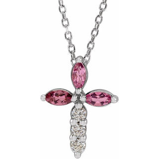 14K White Natural Pink Tourmaline & 1/10 CTW Natural Diamond Cross 16-18" Necklace
