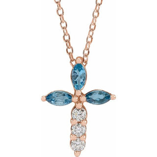 14K Rose Natural Aquamarine & 1/10 CTW Natural Diamond Cross 16-18" Necklace